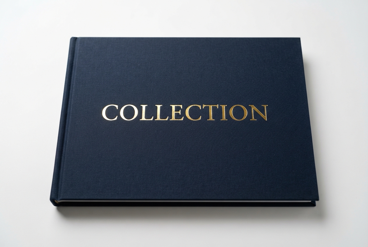 Gold foil finish on navy hardcover book